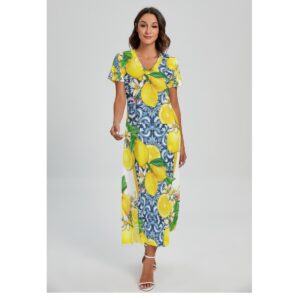 Sicily Inspired Side Slit Lemon V-neck Dress