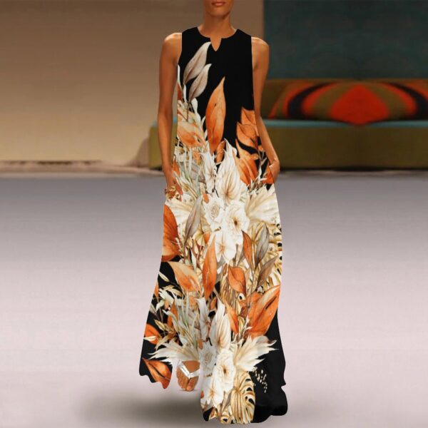 Orange Leaf Branch Sleeveless Long Dress