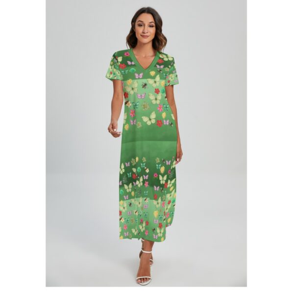 Green Butterfly Blossom V-neck Dress