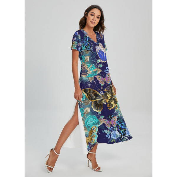 Stylish Blue Butterfly Floral V-neck Dress