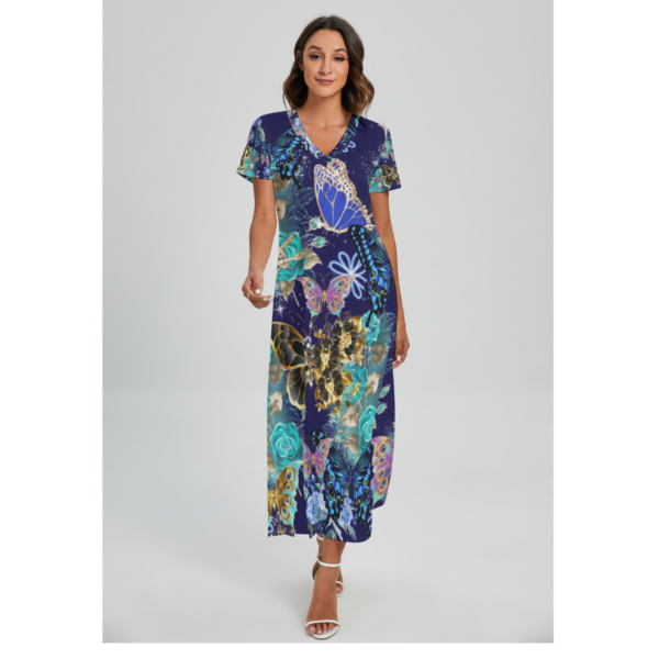 Stylish Blue Butterfly Floral V-neck Dress