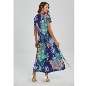 Stylish Blue Butterfly Floral V-neck Dress