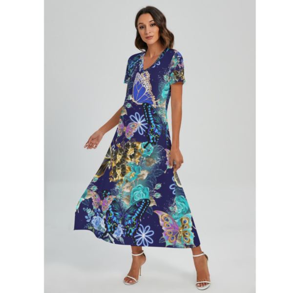 Stylish Blue Butterfly Floral V-neck Dress