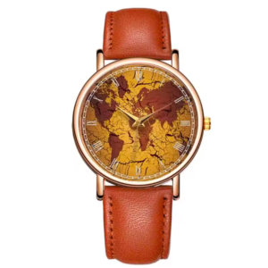 World Map Leather Watch – Vintage Quartz Trave Inspired Timepiece